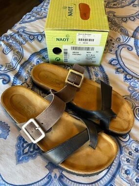 Naot Two-Tone Leather Slide Mules in Black & Brown with Buckle